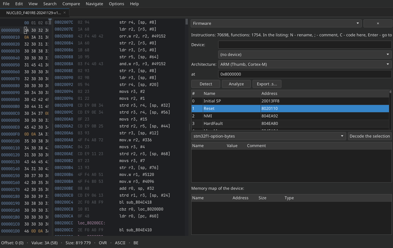 STM32 firmware in AltHex: the Intel HEX file, the ARM Thumb listing next to it and the Firmware panel with the architecture, the load address and the vector table