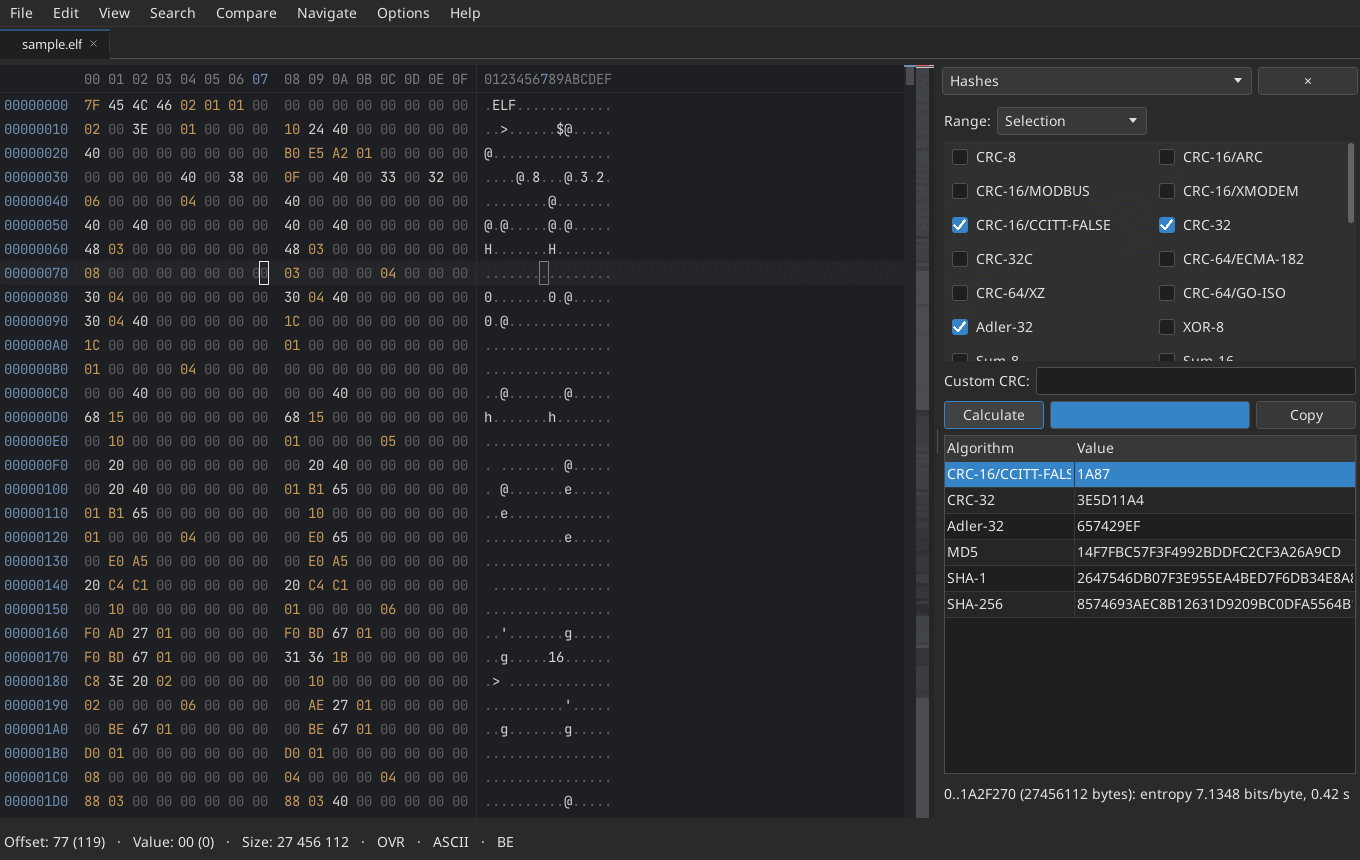 The Hashes panel of AltHex with CRC-16, CRC-32, Adler-32, MD5, SHA-1 and SHA-256 of a whole file and its entropy