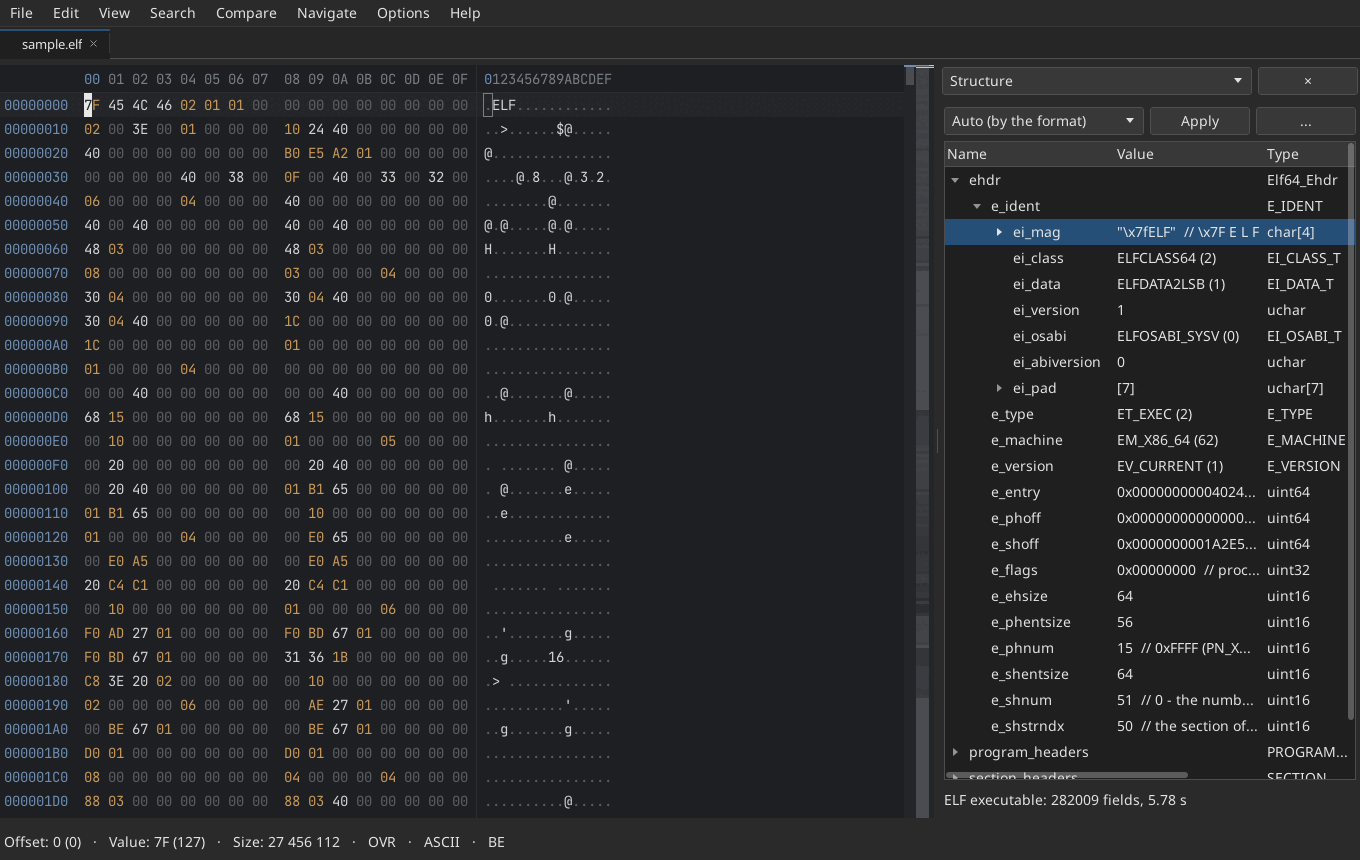 An ELF executable open in AltHex: the hex view on the left and the Structure panel on the right with the decoded ELF header fields